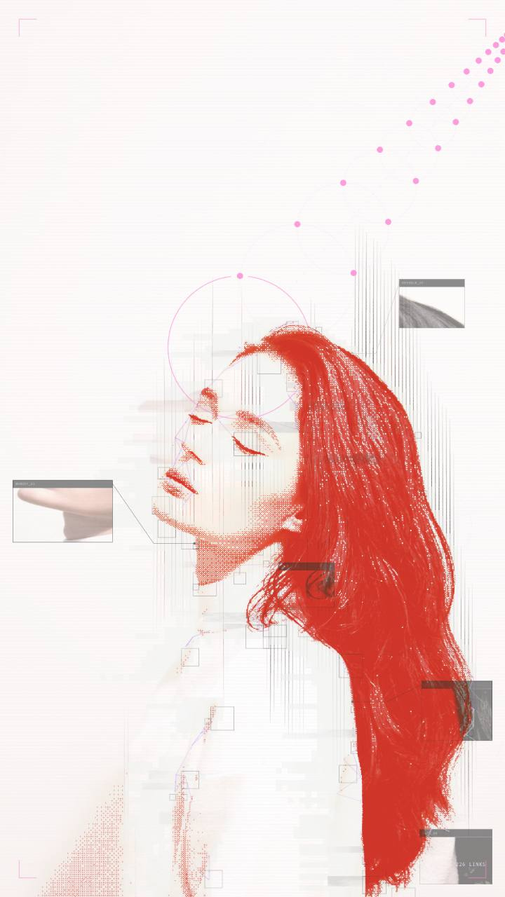 Red GEOMETRIC portrait artwork on white, selected as the current press hero